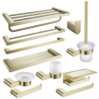 Stainless Steel Bathroom Hardware Accessories Set Wall Mounted Towel Bar Glass Shelf Toothbrush Holder Brushed Gold