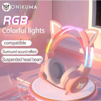 Onikuma RGB Gaming Headset with mic 頭戴式電競耳機 貓耳朵 (可拆卸) X15 Pro - 粉紅