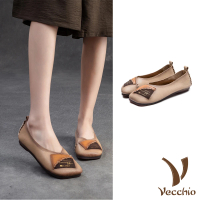 【Vecchio】真皮便鞋 寬楦便鞋/真皮羊皮復古拼貼寬楦軟底便鞋(米)