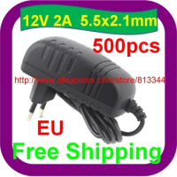 500 pcs Free Shipping AC 100-240V to DC 12V 2A 5.5x2.1mm EU Power Adapter Supply Charger 12V 2000mA
