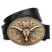 Western Embossed Men's Belt Split Leather Golden Cowboy Longhorn Bull Pattern Floral Engraved Buckle Belts For Men BISON DENIM