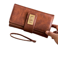 Dompet Elvita Polos panjang wanita Kulit PU Setrip Dompet Kartu Dompet Lipat Tiga Dompet Panjang Can