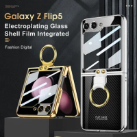GKK Original Case For Samsung Galaxy Z Flip 5 Ring Stand Case Luxury Plating Painted Screen Glass Hard Cover For Galaxy Z Flip5