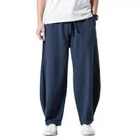 Plus Size Elastic Waist Loose Wide Leg Pants men's Cotton Linen Vintage Solid Baggy Harem Pants Trousers Pantalon roupa samurai