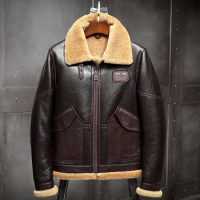 2019 New Mens Brown B3 Shearling Jacket Sheepskin Coat Leather Jacket Fur Coat Airforce Flight Jacket