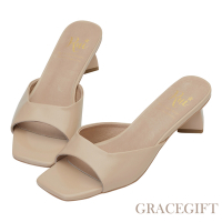 【Grace Gift】小貓聯名-甜甜奶油方塊真皮中跟拖鞋 卡其