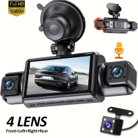 4-Channel Dash Cam with Night Vision - 1080P Front + 720P Left/Right/Rear, LED Display, Physical But