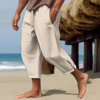 Drawstring Linen Pants Button Soft Breathable Summer Cotton Linen Knot Decoration Trousers Casual Resort Beach Pants Linen Pants