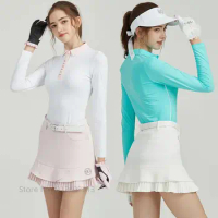 Blktee Autumn Golf Outfit Female Long-Sleeve Tops Slim Leisure Golf Shirt Women Pleated Skort High Waist Short Skirt Jersey Set