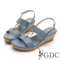 【GDC】真皮甜美簡約素色百搭金屬拉環木質底台夏日楔型涼鞋-淺藍色(013379-31)