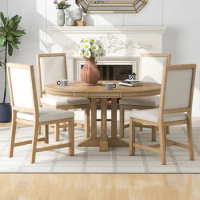 5-Piece Dining Set,Modern Extendable Round Table and 4 Upholstered Chairs Farmhouse Dining Set for Kitchen,Dining Room
