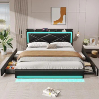 King Size Bed Frame with Storage Drawers &amp; LED Lights, Faux Leather Platform Bed with USB-C Charging Station, Bed Frame