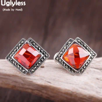 Uglyless Garnet Square Earrings for Women Tempting Red Party Dress Studs Earrings Thai Silver Marcasite Brincos 925 Silver E1448