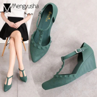 Women Wedges Jelly Sandals Brand Rivet Shoes Summer T-Strap Sandalias Cut-Out Flipflops Femme Chaussures Candy Color Jelly Shoes