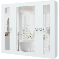Bathroom Mirror Cabinet Wall Mounted Medicine Pharmacy Cabinets with 3 Doors, Waterproof PVC White Color