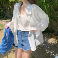 冰絲防曬長袖恤衫女夏季薄款寬鬆百搭簡約白色冷氣衫雪紡襯衣大褸-白色 S