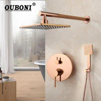 OUBONI Rose Gold Shower Faucet Rainfall Head Pink Golden Bathroom Bathtub Shower Set Faucet w/ Mixer Hand Shower &amp; Bathtub Spray