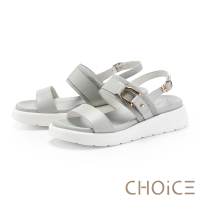預購 CHOiCE 方釦雙寬帶牛皮厚底涼鞋(灰色)