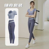 春夏速乾短袖瑜伽服套裝女露肚短版上衣高腰提臀褲跑步吸汗排汗服