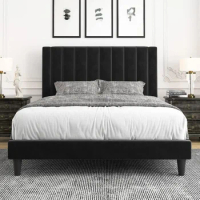 Bed Frame/Velvet Upholstered Bed Frame with Vertical Channel Tufted Headboard, Strong Wooden Slats, Platform Bed Frame
