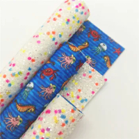 Double Sides Neon Chunky Glitter Leather with Printed Sea Horse Jellyfish Printed Felt Backing for Bows DIY A4 SIZE 6S53B