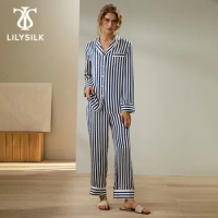 LILYSILK Silk Pajama Set for Women New Classic Stripe 19 Momme Long Sleeve Sleepwear Lady Button-Up Home Clothes Free Shipping