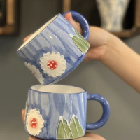 Flower Pattern Coffee Mug Embossed or Painted Ceramic Coffee Cup Cute Girl Water Cups Hand-painted Underglaze Color Mugs Gifts