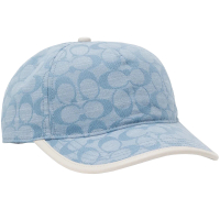 【COACH】專櫃款藍色織紋布滿版LOGO白皮革滾邊棒球帽