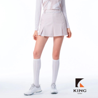 【KING GOLF】實體同步款-女款內層雙色百摺拼接素面修身A LINE短裙/高爾夫球裙(卡其色)