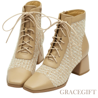 【Grace Gift】小貓聯名-少女情懷真皮拼接毛呢綁帶靴 卡其