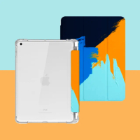 【BOJI 波吉】iPad 7/8/9 10.2吋 三折式內置筆槽透明氣囊保護殼 復古油畫 藍橙色