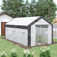 White 20' x 10' x 9' Walk-In Greenhouse, Outdoor Gardening Canopy with 6 Roll-up Windows, 2 Zippered Doors &amp; Weather Cover