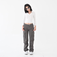 [LUNADEDOVE] L6 / GREY BAGGY PANTS - Celana Baggy Jeans Wanita Coklat Tua Button Pocket Details