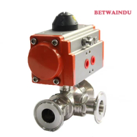 1-1/2" 38MM 3 Way Stainless Steel Sanitary Tri Clamp Ferrule T/L Type Pneumatic Ball Valve With Double Acting Cylinder