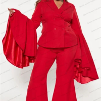 Plus Size Red 2 Pieces Women Suits Set Blazer+Pants Wedding Tuxedos Guest Prom Dress Custom Made Lengthening Flare Sleeve Jacket