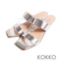 【KOKKO 集團】率性寬帶柔軟手感綿羊皮細跟拖鞋(銀色)