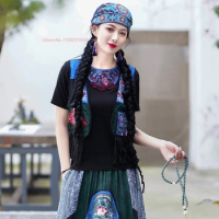 2024 woman vintage hanfu tops chinese ethnic vest national flower embroidery patchwork sleeveless jacket ethnic tang suit vest
