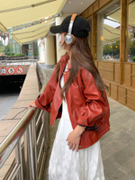 香港紅色皮衣女春秋街頭休閒寬松復古高級感機車夾克外套