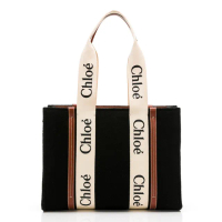 【Chloe’ 蔻依】WOODY系列 LOGO織布毛呢 MEDIUM TOTE BAG 中款托特包(黑色)