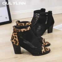 2024 New Fashion Summer Hollow Sexy Boots Women Mesh Thick Heel Sexy Leopard Black Large Sandals Fish Mouth Dance Shoes NEW