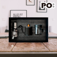 【PO:Selected】丹麥手沖咖啡三件禮盒組2.0(咖啡壺-黑/玻璃杯240ml-天使藍/咖啡磨2.0)