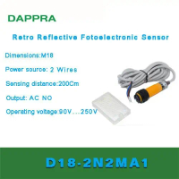 M18 2m 200CM AC NO 2 Wire retro reflective photoelectric sensor OD38