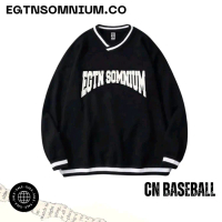 Sweater CN Baseball Pria Motif Premium Crewneck Hitam Kombinasi Rib Salur Terbaru Sweatshirt V-Neck 