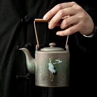 日式復古仙鶴陶瓷茶壺單壺家用大容量茶具粗陶銅把手提梁壺泡茶壺