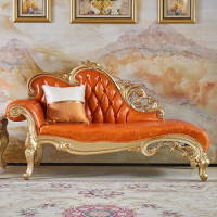 European style chair bedroom leather beauty bed solid wood toffee chair living room single sofa bed balcony lounger