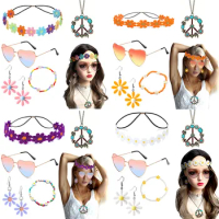 5pcs Hippie Costume Accessories Set 60s 70s Hippie Fancy Outfit Headbands Peace Sign Necklace Sunglasses Carnival Party Cosplay