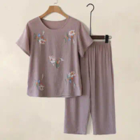 Elastic Waist Pajama Pants Elegant Mid-aged Women's Flower Print Pajama Set with Wide Leg Pants Comfortable Sleepwear for Mother