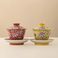 Chinese Palace Style Enamel Colored Three Talent Cover Bowl Wedding Ceremony Tea Cup with Hand Gift Tea Set