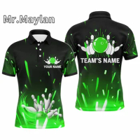 3D Personalized Men Bowling Polo Shirt Flame Bowling Ball and Pins Short Sleeve Tshirt for Team Bowlers Street Unisex Tee Tops-2