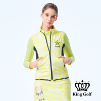 【KING GOLF】女款薄款皇冠印花立領拉鍊背心外套-黃色